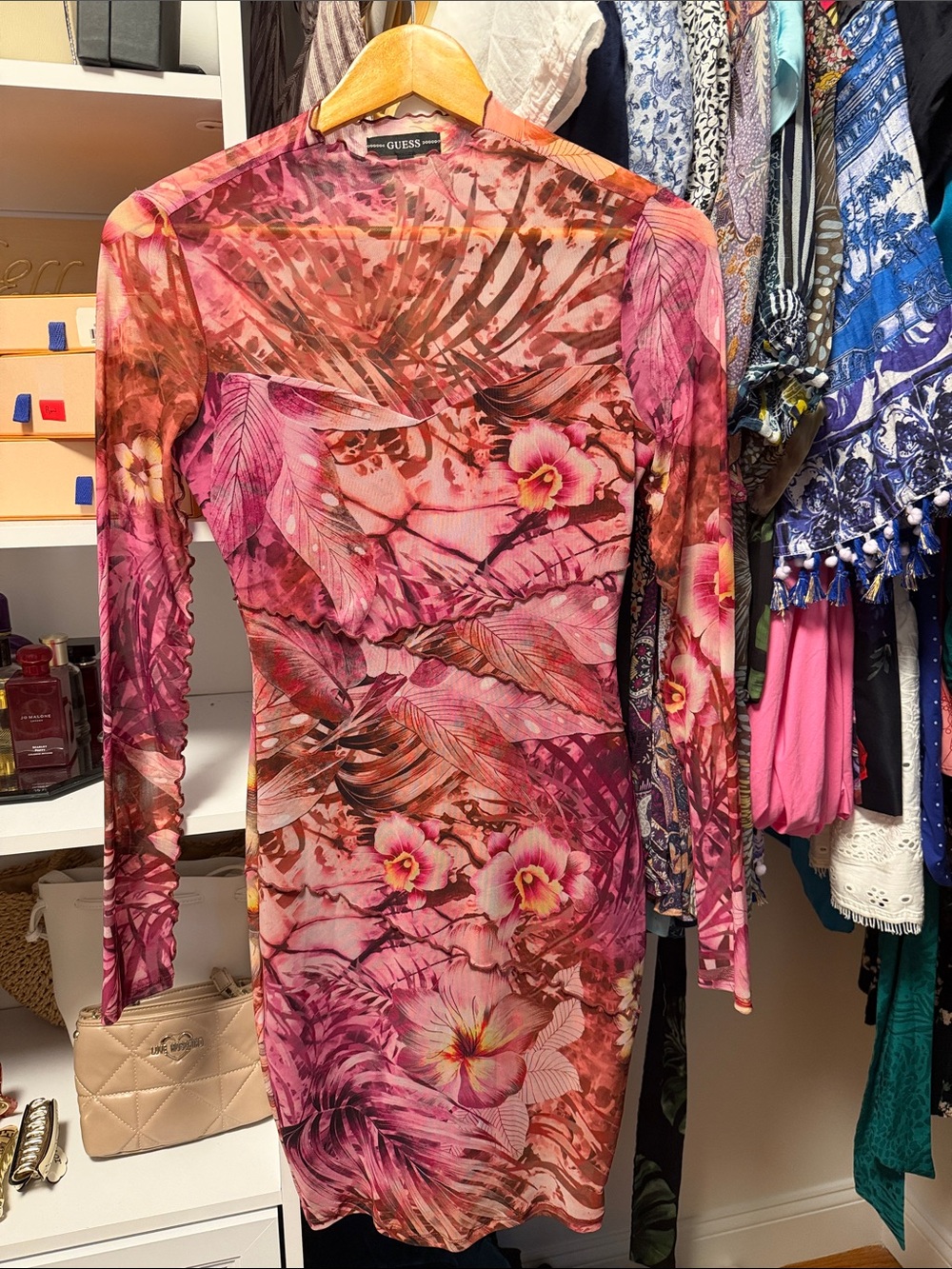GUESS Pink Tropical Floral Long-Sleeve Mesh Dress